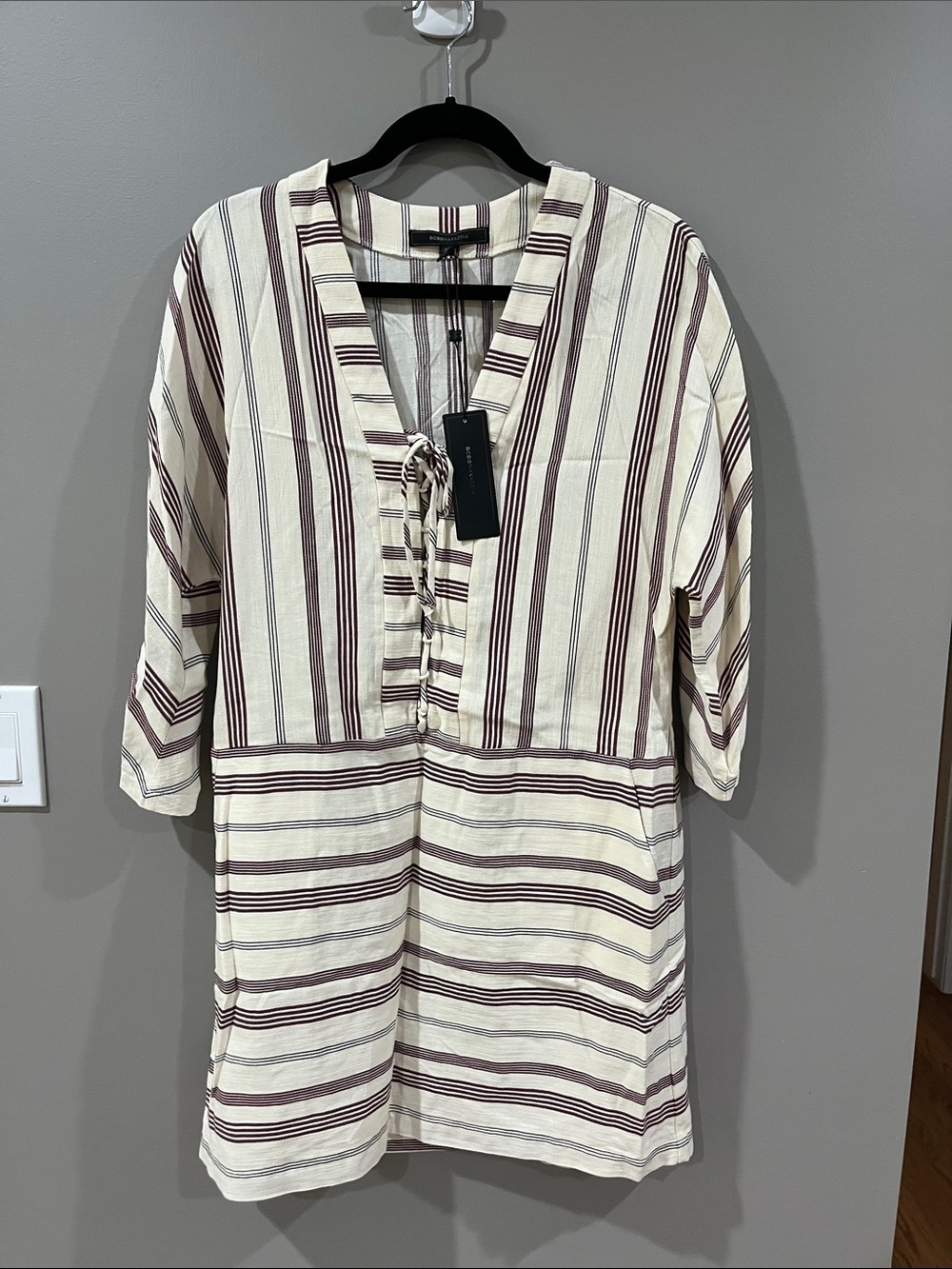BCBGMaxAzria Cream and Brown Striped Button-Front Casual Shirt